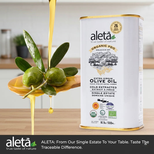 Aleta Organic Single Estate Extra Virgin Greek Olive Oil, PDO Messara Valley, High Polyphenols, 17 Oz Tin,