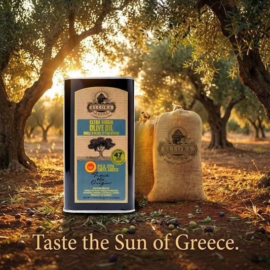 Ellora Farms PDO SITIA Extra Virgin Olive Oil, Traceable and Single Estate EVOO, Harvested in Crete, Greece, (33.8 FL oz) 1 Ltr Tin, Pack of 4