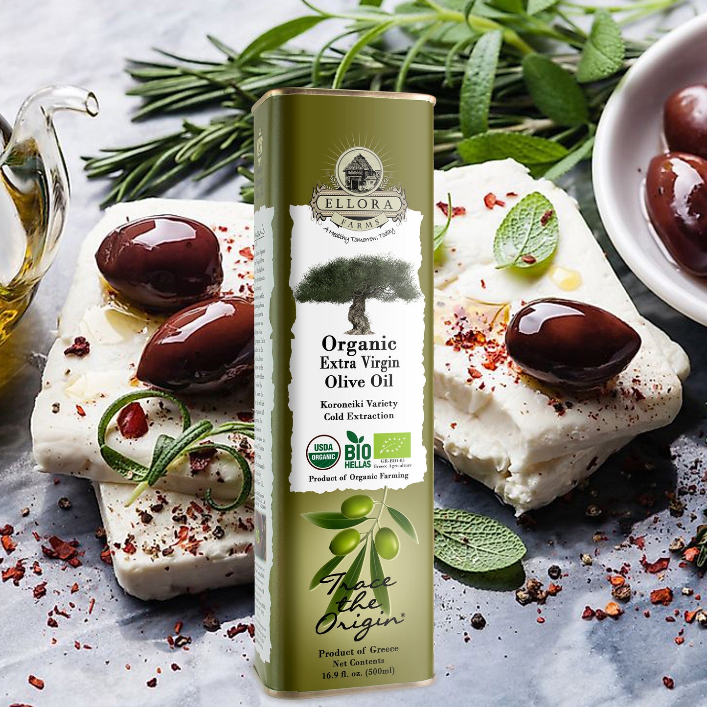 Ellora Farms, Certified Organic Greek Extra Virgin Olive Oil, Koroneiki Variety Olives, Single Origin & Traceable, 17 oz Tin