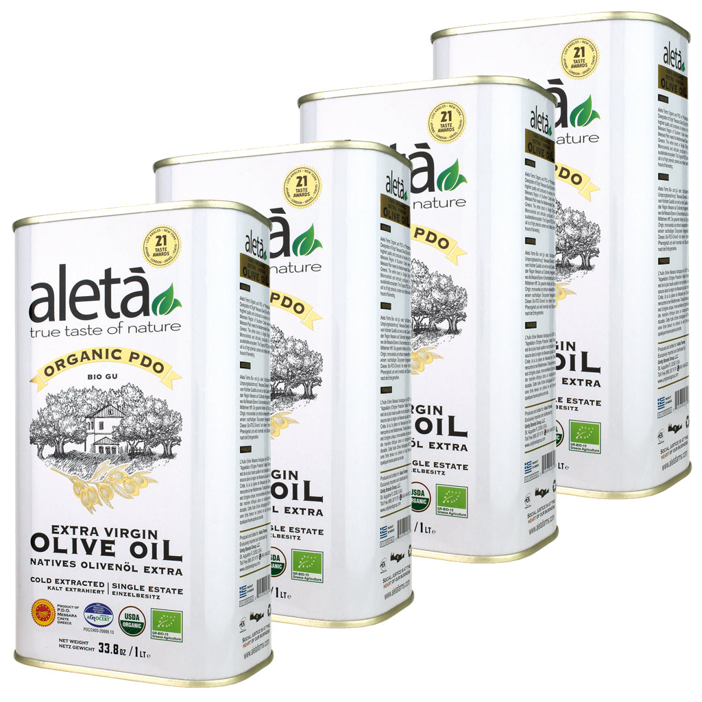 Aleta Organic & Single Estate PDO Extra Virgin Greek Olive Oil, Great Taste Award, 1 Ltr. Tin (33.8 oz.) X 4