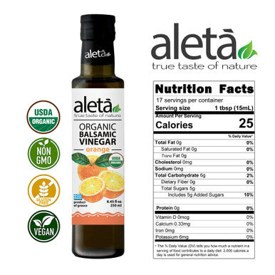 Aleta Organic, Infused Orange Balsamic Vinegar, Bright & Citrusy, No Added Sugars, No Preservatives, Glass Bottle, 8.45 oz.