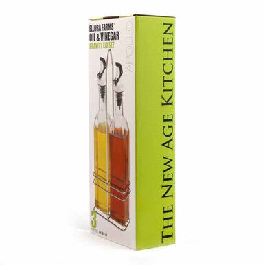 New Age Kitchen, Apollo Glass Cruet Set, Carry Rack and Magnetized Pourer, Oil & Vinegar Dispenser, 16 oz. Bottles