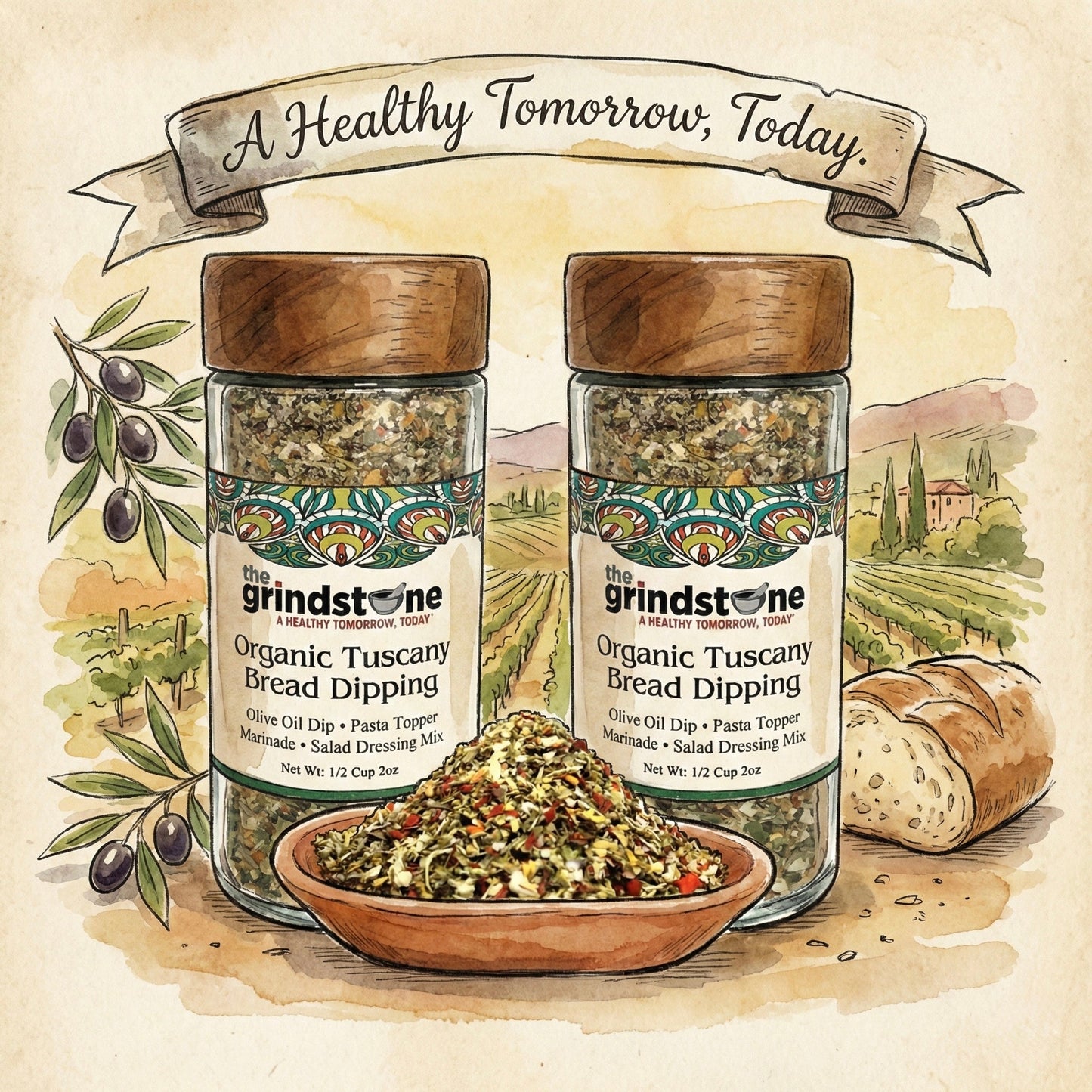 Organic Tuscany Bread Dipping Seasoning, Best with Extra Virgin Olive Oil, Pasta Topper, Pizza, Glass Jar with sifter, 2.3 oz