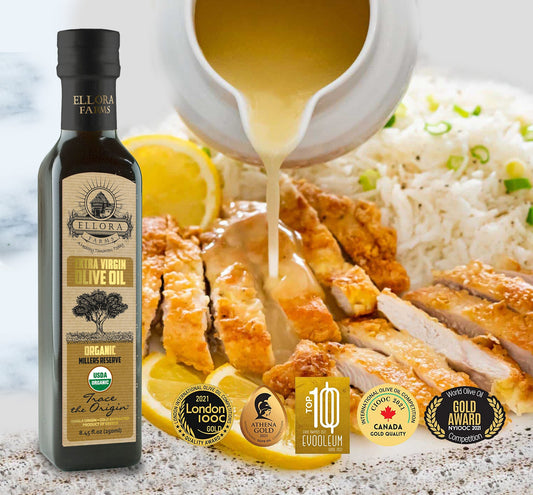 Ellora Farms, Olive Oil Extra Virgin Organic, Traceable Greek, High phenols Cold press, Kosher, 8.45 oz. Glass Bottle