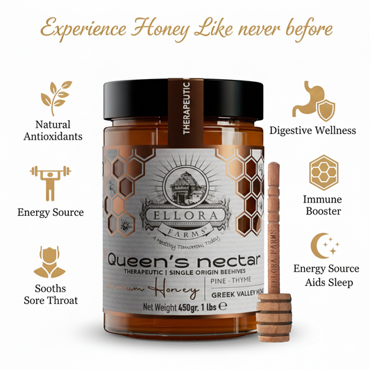 Ellora Farms, Greek Raw Honey, Queens Nectar, Lemon & Orange Blossom, Gift of Honey POT, Dipper Included, 450g
