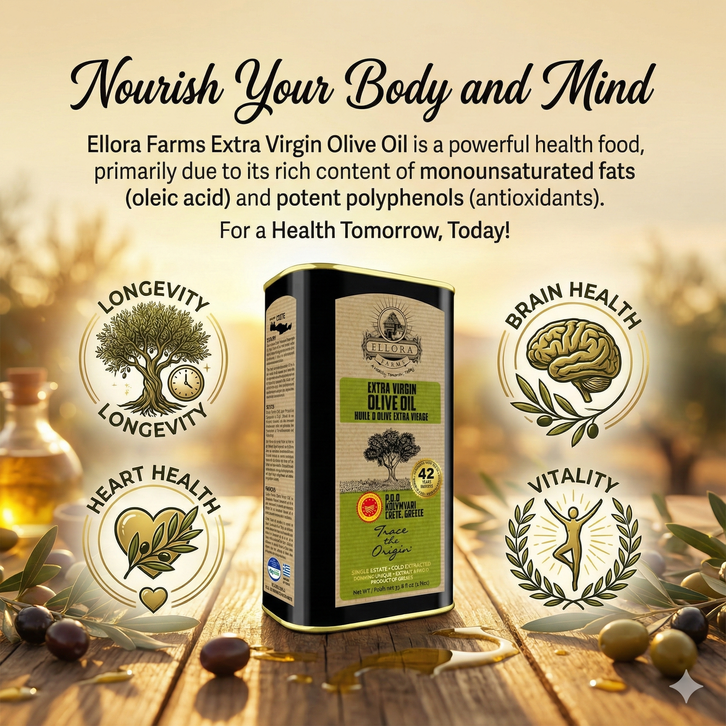 Ellora Farms PDO SITIA & Kolymvari, Greek Extra Virgin Olive Oil, 1 Ltr Tin (33.8 oz) Combo