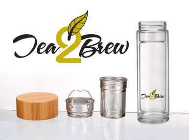 Tea2Brew, On the Go Tea Infuser, Double Walled Glass with Bamboo Lid, Perfect for Tea, Coffee, or Fruit Infusions, Neoprene Sleeve Included, 15 oz (400ml)