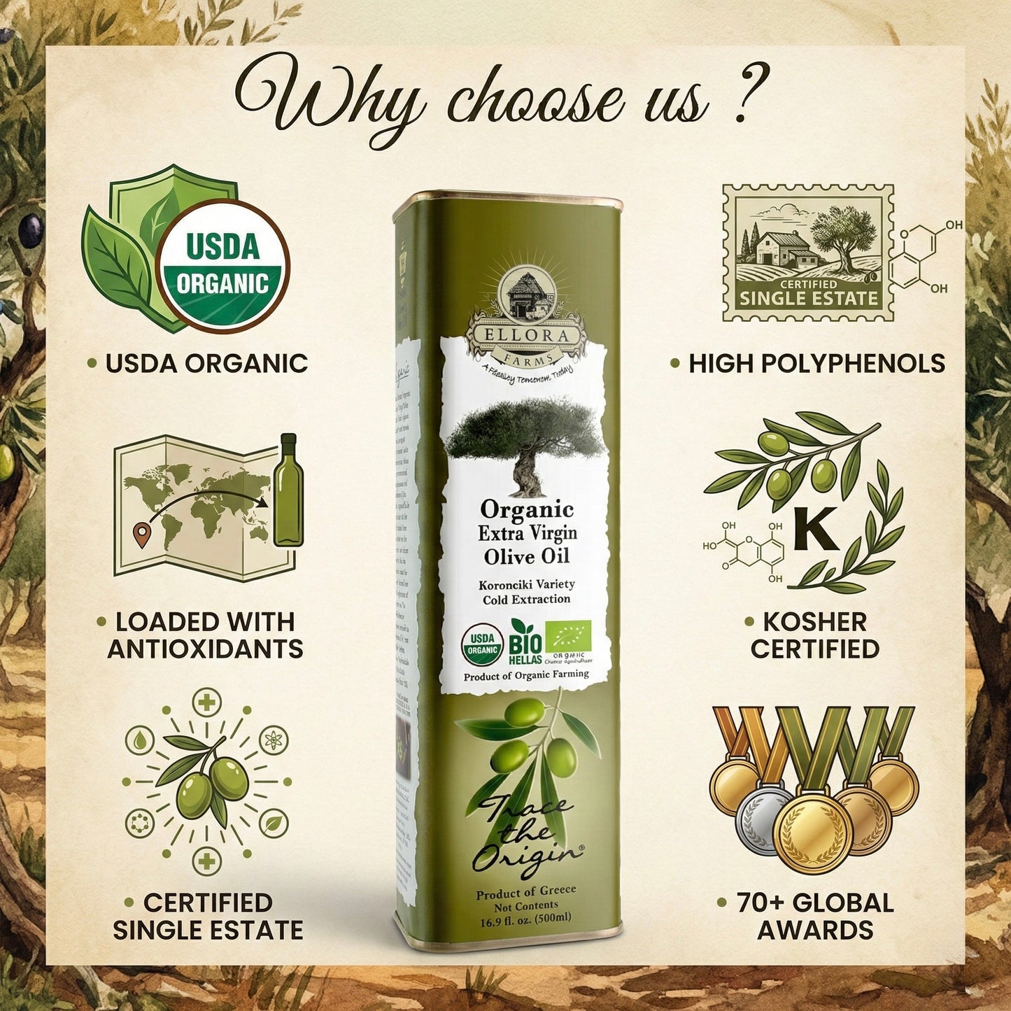 Ellora Farms, Certified Organic Greek Extra Virgin Olive Oil, Single Origin & Traceable EVOO, 17 oz, Tin, Pack of 2