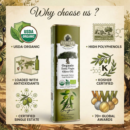 Ellora Farms, Certified Organic Greek Extra Virgin Olive Oil, Single Origin & Traceable EVOO, 17 oz, Tin, Pack of 2