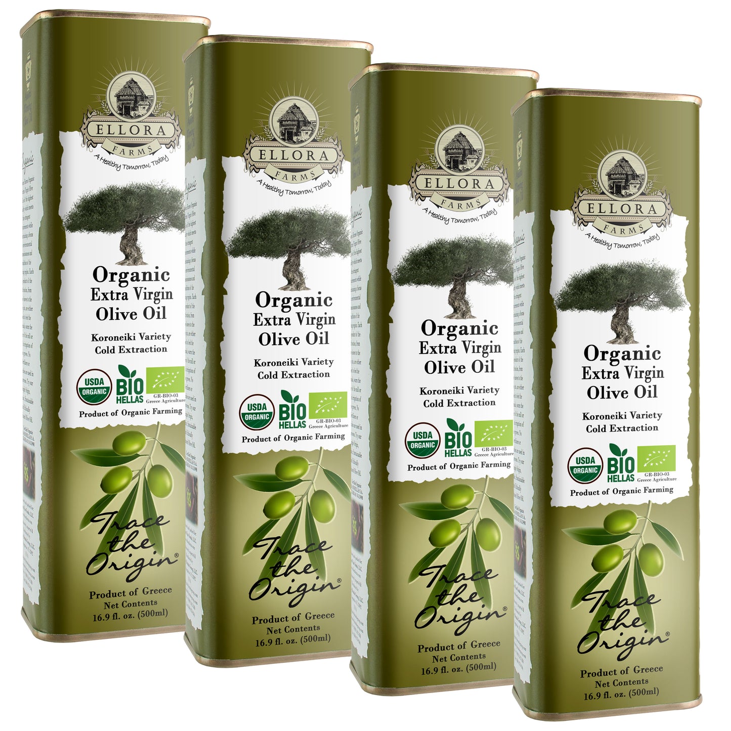 Ellora Farms, Organic Greek Extra Virgin Olive Oil, Koroneiki Variety Olives, Single Origin & Traceable, 17 oz Tin, Pack of 4