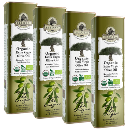 Ellora Farms, Organic Greek Extra Virgin Olive Oil, Koroneiki Variety Olives, Single Origin & Traceable, 17 oz Tin, Pack of 4