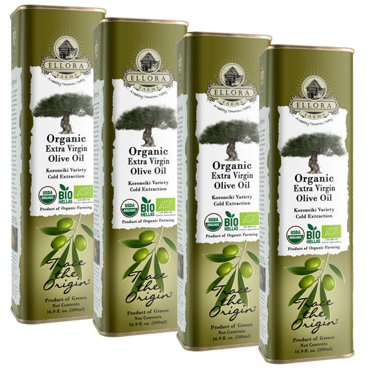 Ellora Farms, Organic Greek Extra Virgin Olive Oil, Koroneiki Variety Olives, Single Origin & Traceable, 17 oz Tin, Pack of 4