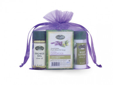 Gift Pouch with Traditional Olive Oil Soap, Shower Gel, & Body Lotion | ASSORTED | All Natural | Assorted Aroma Fragrances | Made in Ancient Crete, Greece | 3.53 oz.