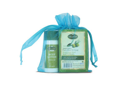 Gift Pouch with Traditional Olive Oil Soap & Body Lotion | ASSORTED | All Natural | Assorted Aroma Fragrances | Made in Ancient Crete, Greece | 3.53 oz.