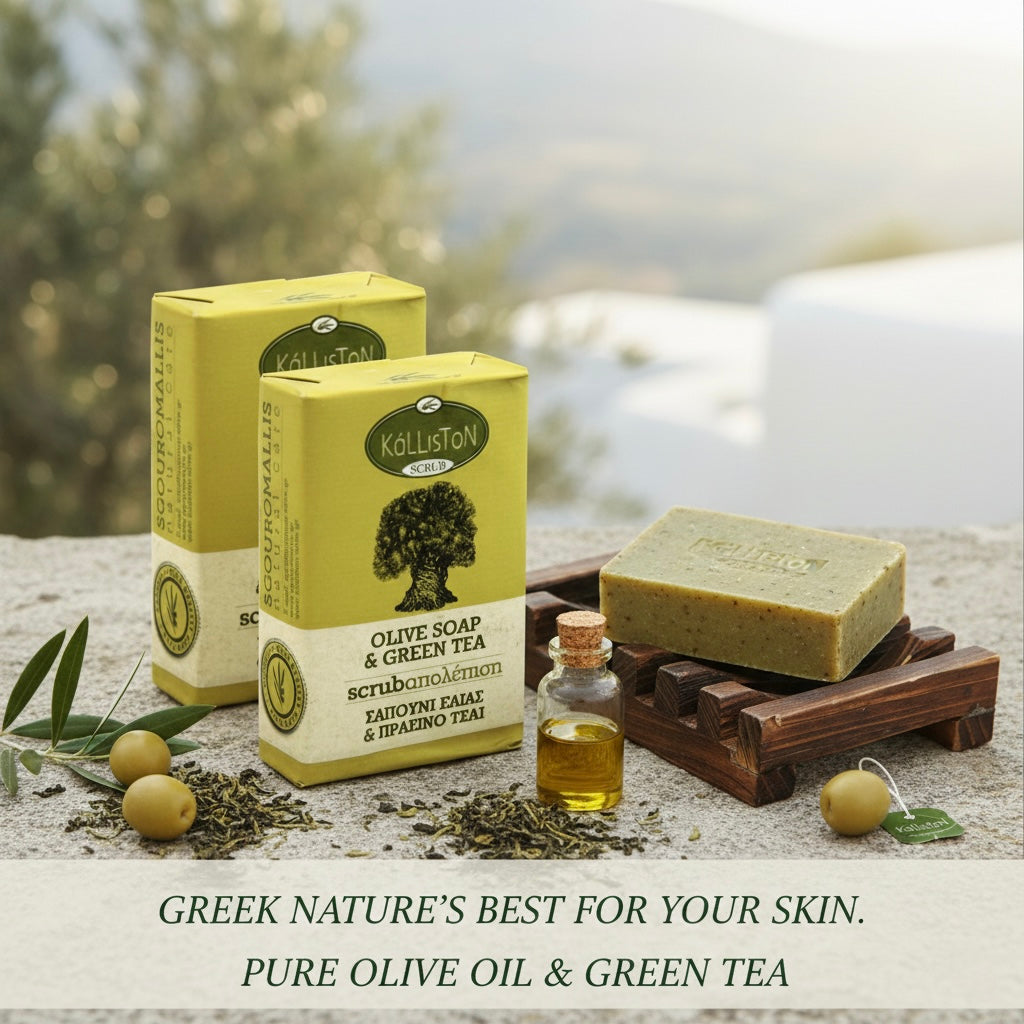 Olive Oil Soap Scrub with Green Tea Extract & Aroma, All Natural, Made in Ancient Crete, Greece, 3.53 oz.