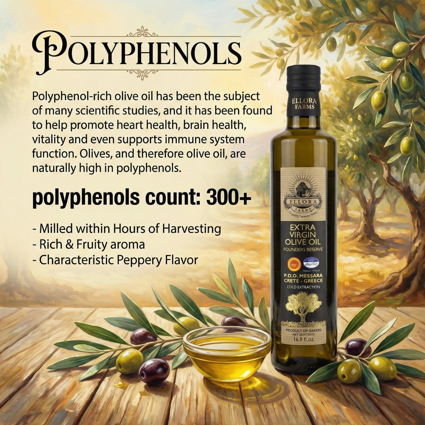 Ellora Farms, Award-Winning Extra Virgin Olive Oil, Single Sourced PDO Messara Valley, Crete Greece, Kosher, 17 FL oz Bottle