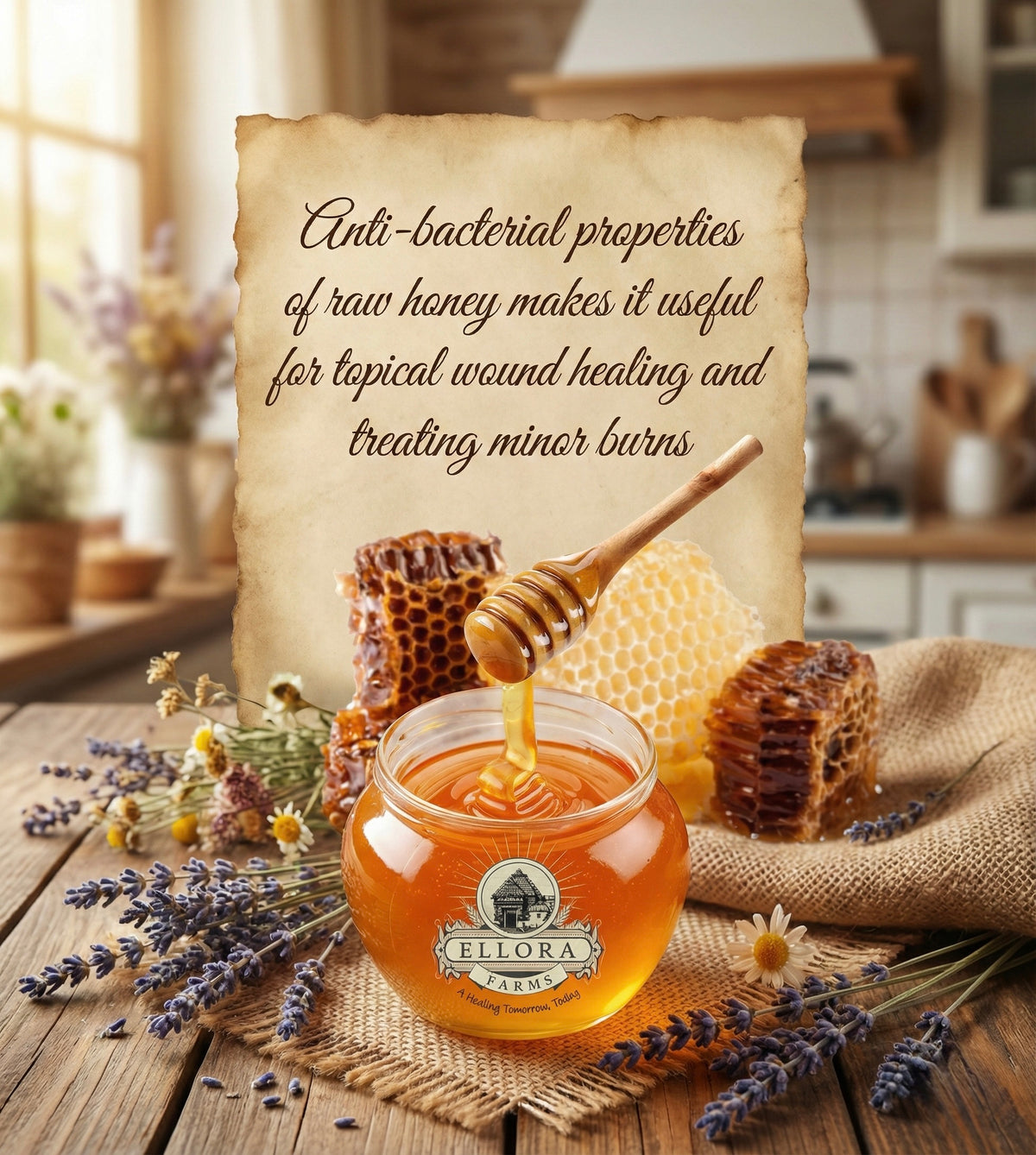 Ellora Farms, Greek Raw Honey, Queens Nectar, Lemon & Orange Blossom, Gift of Honey POT, Dipper Included, 450g