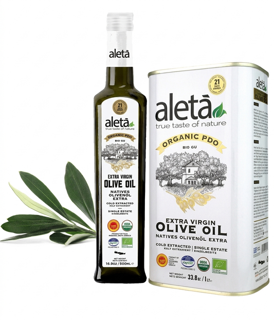 Aleta Organic & Single Estate PDO Extra Virgin Greek Olive Oil, 1 Ltr. Tin (33.8 oz.) and 500 ml bottle Combo