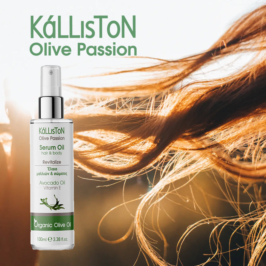 Kalliston Hair and Body Serum Oil, Organic Olive, Avocado, Almond oil & Vitamin E, Nourishes & hydrates all skin types and scalp, 100 ml Spray bottle, (3.38 oz)
