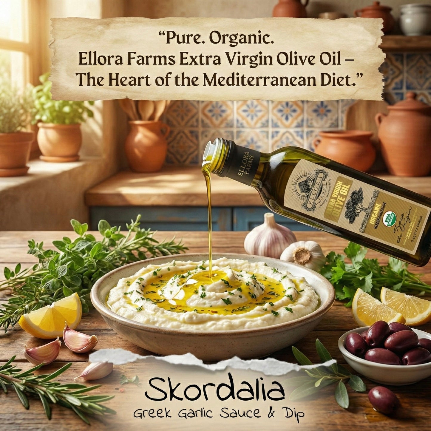 Ellora Farms, Olive Oil Extra Virgin Organic, Traceable Greek, High phenols Cold press, Kosher, 8.45 oz. Glass Bottle, Pack of 2