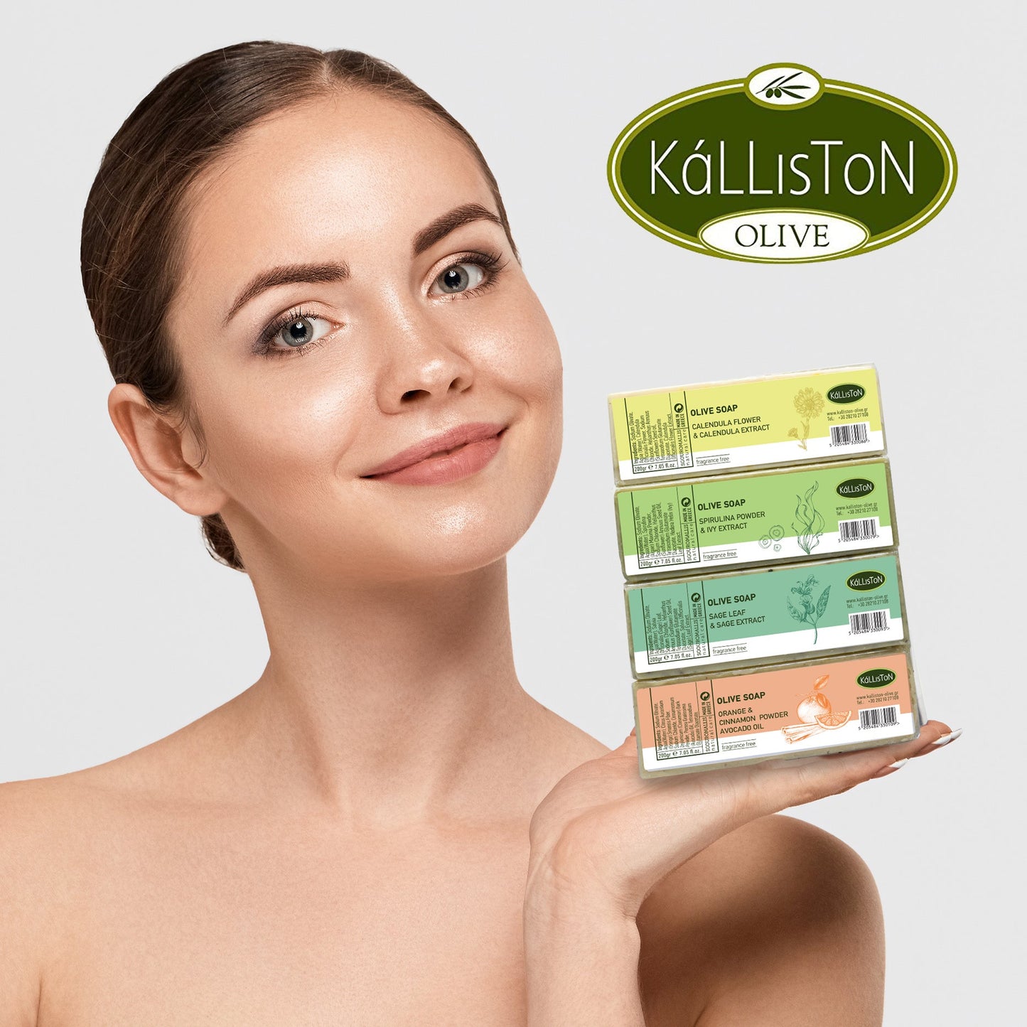 Combo Pack 4 Olive Soaps with Natural Herbs, Spirulina, Calendula, Sage, Orange, Fragrance Free, Made in Crete, Greece, 7.05 oz Each