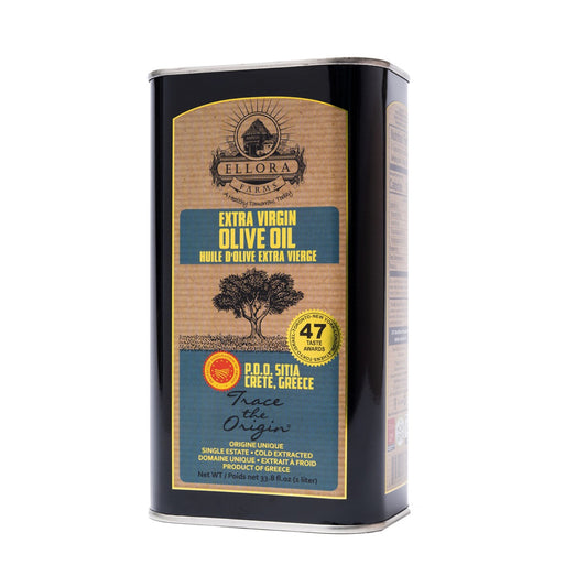 Ellora Farms PDO SITIA Extra Virgin Olive Oil, Traceable and Single Estate EVOO, Harvested in Crete, Greece, (33.8 FL oz) 1 Ltr Tin