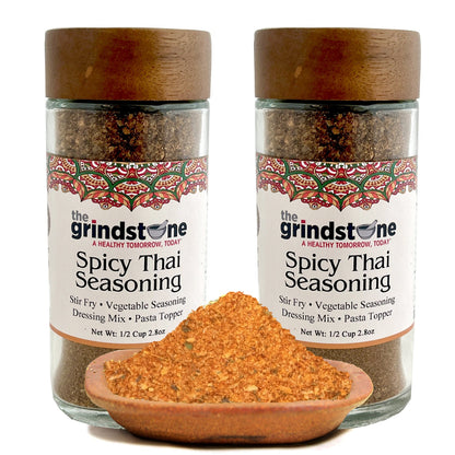 Spicy Thai Seasoning, Salt Free Spice, Suited for all Vegetables, Meat, Stir Fry, Popcorn, Noodles, 2.5 oz Glass Bottle, Dual Sifter, Pack of 2