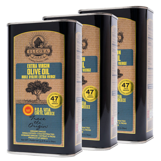 Ellora Farms PDO SITIA Extra Virgin Olive Oil, Traceable and Single Estate EVOO, Harvested in Crete, Greece, (33.8 FL oz) 1 Ltr Tin, Pack of 3