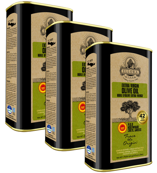 Ellora Farms, Certified PDO Extra Virgin Olive Oil, Traceable and Single Estate EVOO, Harvested in Crete, Greece, 1 Ltr Tin, 33.8 FL oz, Pack of 3