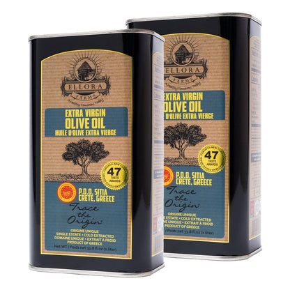 Ellora Farms PDO SITIA Extra Virgin Olive Oil, Traceable and Single Estate EVOO, Harvested in Crete, Greece, (33.8 FL oz) 1 Ltr Tin, Pack of 2