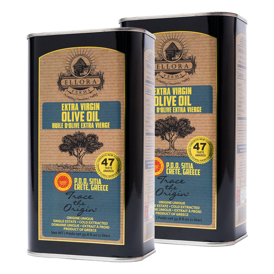 Ellora Farms PDO SITIA Extra Virgin Olive Oil, Traceable and Single Estate EVOO, Harvested in Crete, Greece, (33.8 FL oz) 1 Ltr Tin, Pack of 2