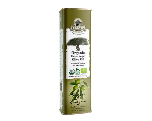 Ellora Farms, Certified Organic Greek Extra Virgin Olive Oil, Koroneiki Variety Olives, Single Origin & Traceable, 17 oz Tin