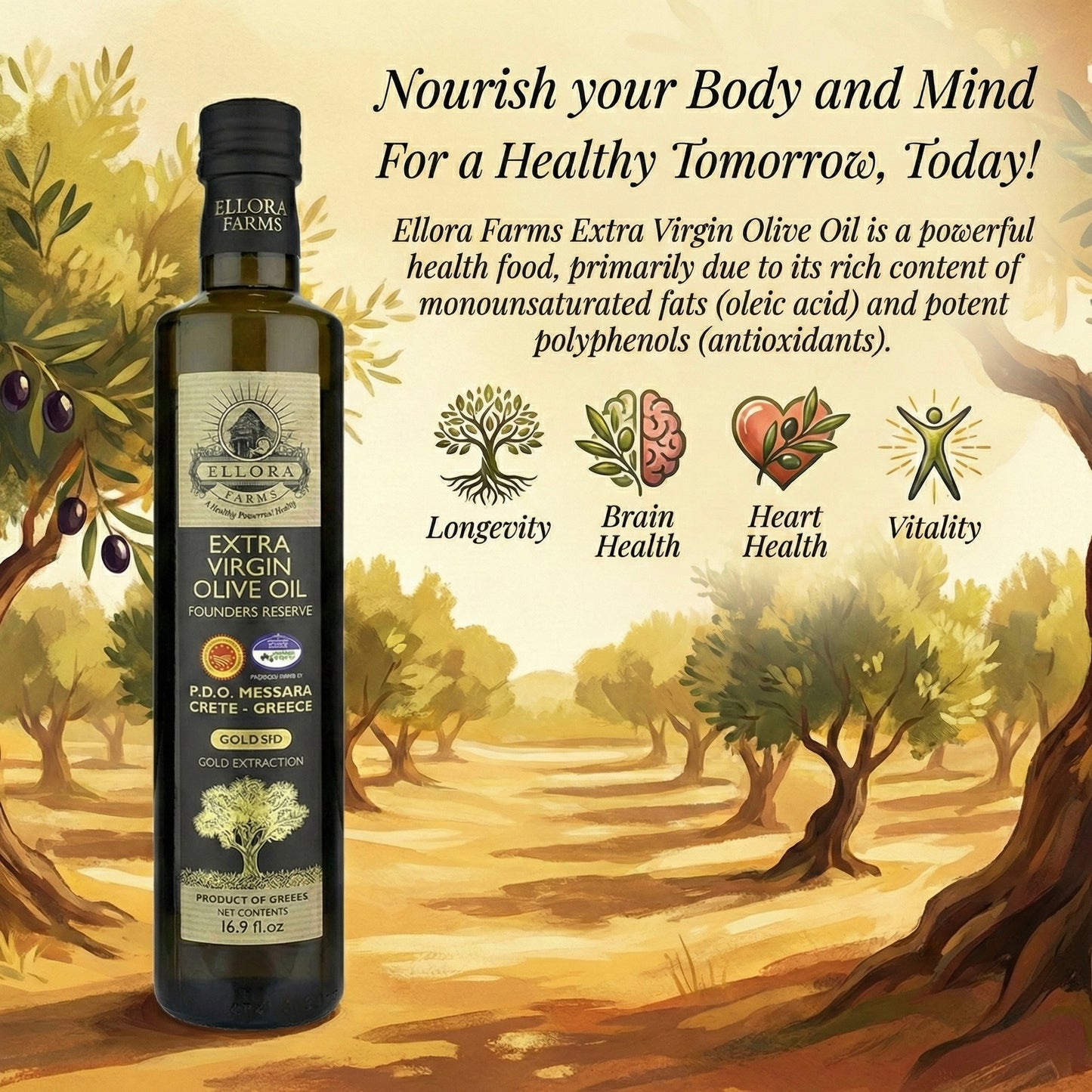 Ellora Farms, Award-Winning Extra Virgin Olive Oil, Single Sourced PDO Messara Valley, Crete Greece, Kosher, 17 FL oz Bottle