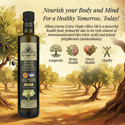 Ellora Farms, Award-Winning Extra Virgin Olive Oil, Single Sourced PDO Messara Valley, Crete Greece, Kosher, 17 FL oz Bottle