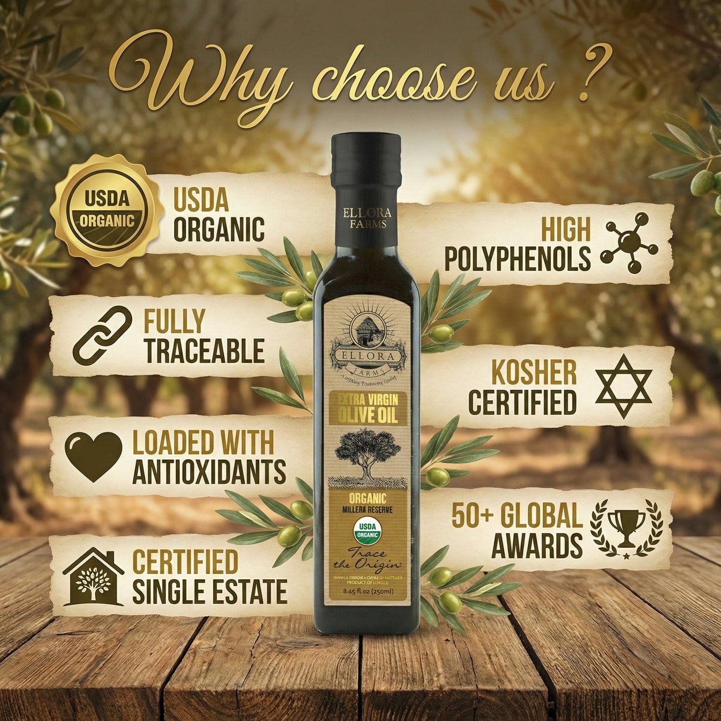 Ellora Farms, Olive Oil Extra Virgin Organic, Traceable Greek, High phenols Cold press, Kosher, 8.45 oz. Glass Bottle, Pack of 2