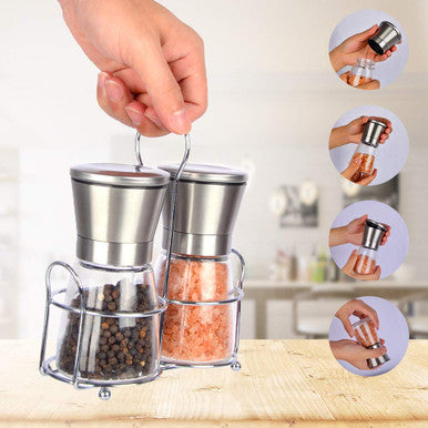 Salt & Pepper Mills, 3 Pcs Grinder with Free Caddy, Empty & Refillable Spice, Pepper or Salt Mills