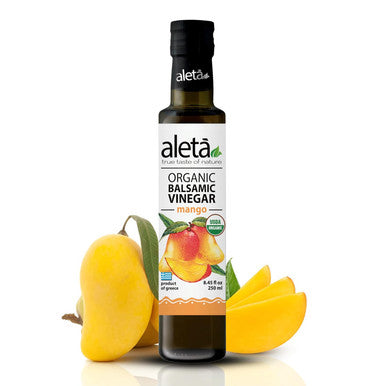 Aleta Organic, Infused Mango Balsamic Vinegar, Tropical Floral Notes, Great Taste Award Winner, Glass Bottle, 8.45 oz.
