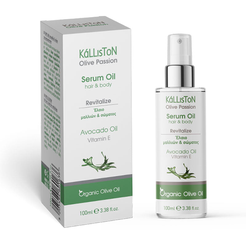 Kalliston Hair and Body Serum Oil, Organic Olive, Avocado, Almond oil & Vitamin E, Nourishes & hydrates all skin types and scalp, 100 ml Spray bottle, (3.38 oz)