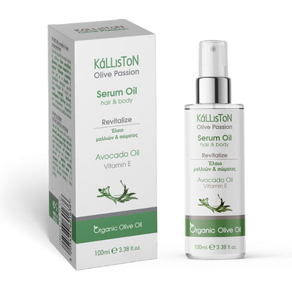 Kalliston Hair and Body Serum Oil, Organic Olive, Avocado, Almond oil & Vitamin E, Nourishes & hydrates all skin types and scalp, 100 ml Spray bottle, (3.38 oz)