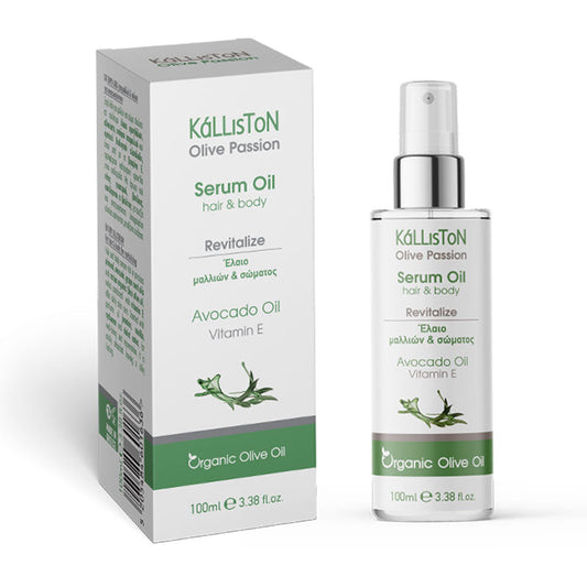 Kalliston Hair and Body Serum Oil, Organic Olive, Avocado, Almond oil & Vitamin E, Nourishes & hydrates all skin types and scalp, 100 ml Spray bottle, (3.38 oz)