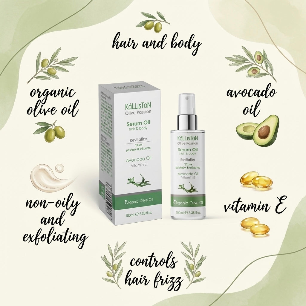 Kalliston Hair and Body Serum Oil, Organic Olive, Avocado, Almond oil & Vitamin E, Nourishes & hydrates all skin types and scalp, 100 ml Spray bottle, (3.38 oz)