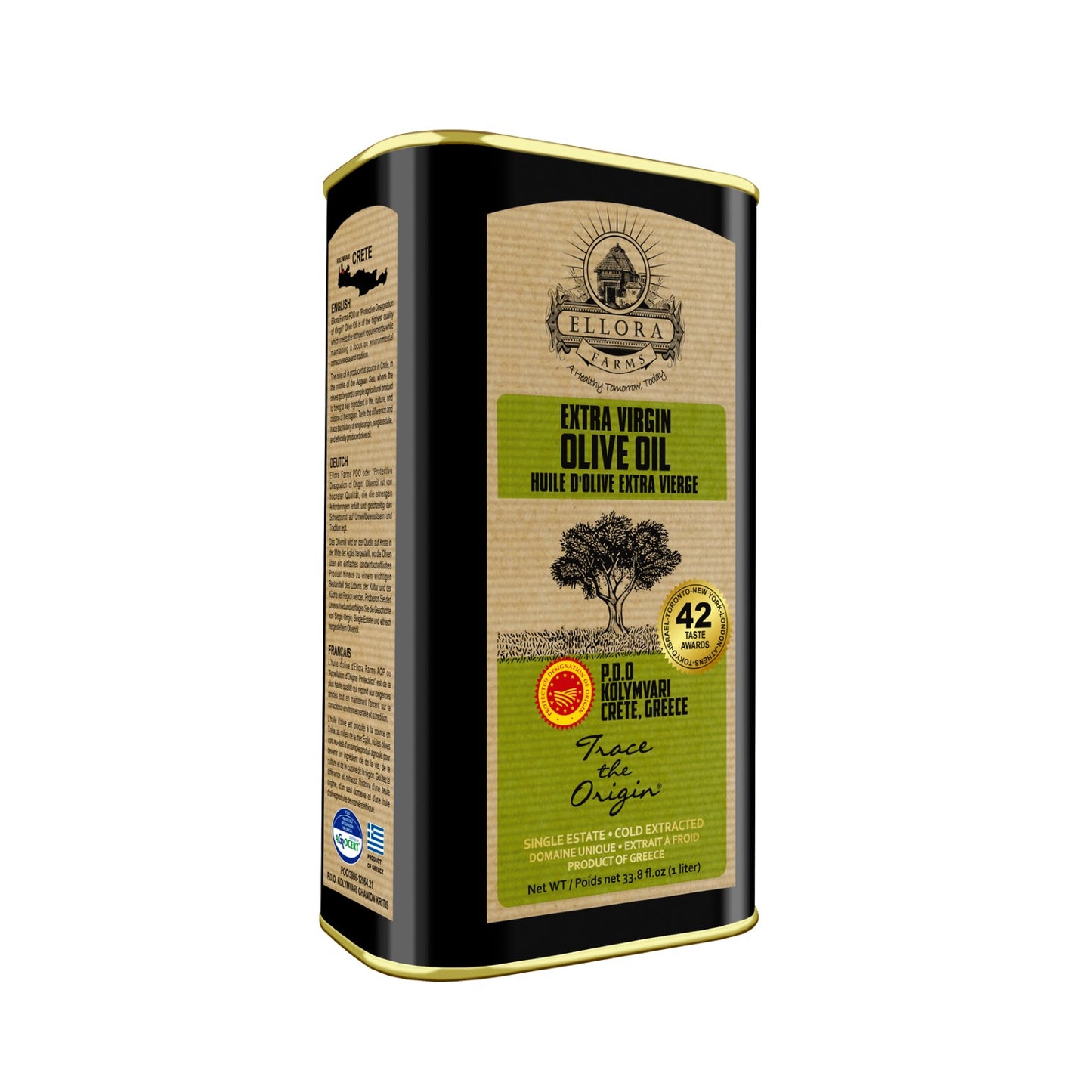 Ellora Farms, Certified PDO Extra Virgin Olive Oil, Traceable and Single Estate EVOO, Harvested in Crete, Greece, 1 Ltr Tin, 33.8 FL oz