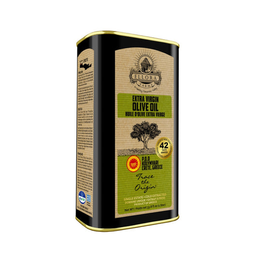 Ellora Farms, Certified PDO Extra Virgin Olive Oil, Traceable and Single Estate EVOO, Harvested in Crete, Greece, 1 Ltr Tin, 33.8 FL oz