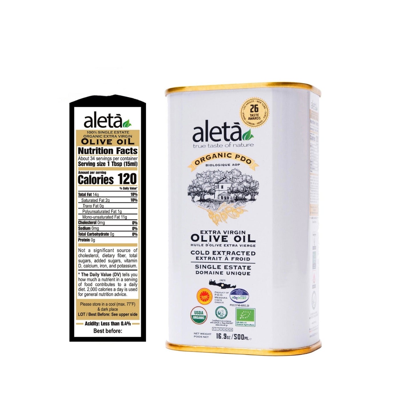 Aleta Organic & Single Estate PDO Extra Virgin Greek Olive Oil, 17 Oz Tin & 17 Oz bottle Combo