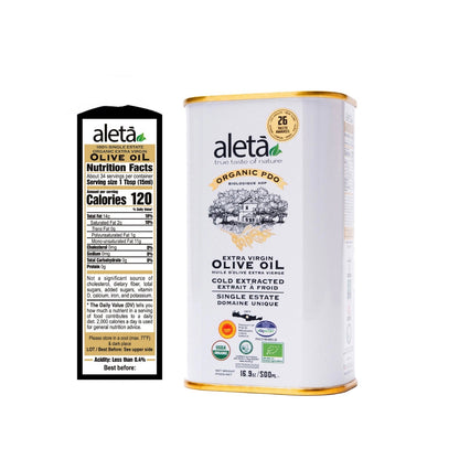 Aleta Organic Single Estate Extra Virgin Greek Olive Oil, PDO Messara Valley, High Polyphenols, 17 Oz Tin,