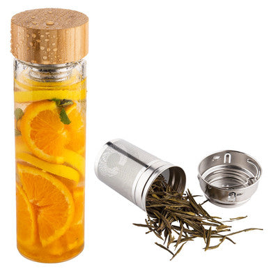 Tea2Brew, On the Go Tea Infuser, Double Walled Glass with Bamboo Lid, Perfect for Tea, Coffee, or Fruit Infusions, Neoprene Sleeve Included, 15 oz (400ml)