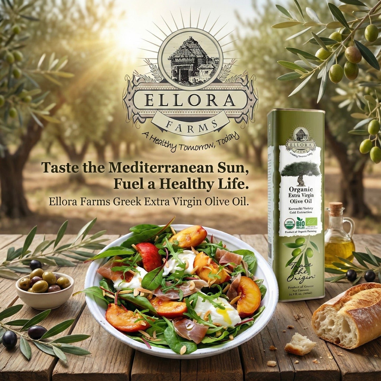 Ellora Farms, Certified Organic Greek Extra Virgin Olive Oil, Koroneiki Variety Olives, Single Origin & Traceable, 17 oz Tin