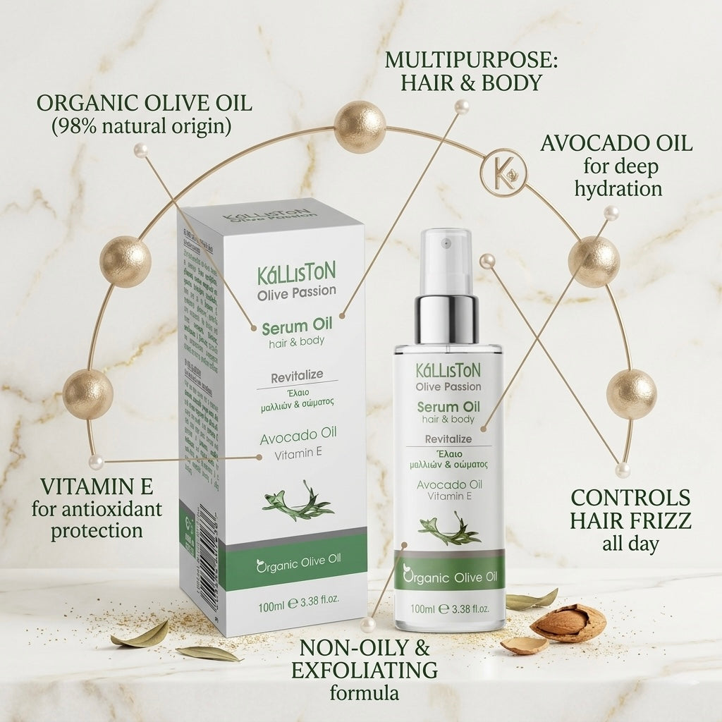 Kalliston Hair and Body Serum Oil, Organic Olive, Avocado, Almond oil & Vitamin E, Nourishes & hydrates all skin types and scalp, 100 ml Spray bottle, (3.38 oz)