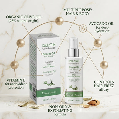 Kalliston Hair and Body Serum Oil, Organic Olive, Avocado, Almond oil & Vitamin E, Nourishes & hydrates all skin types and scalp, 100 ml Spray bottle, (3.38 oz)