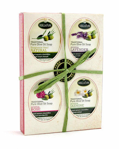 Traditional Olive Oil Soap Gift Set, Assorted Aroma Fragrances, Made in Ancient Crete, Greece, 4 Soap gift pack, 3.50 oz. Each